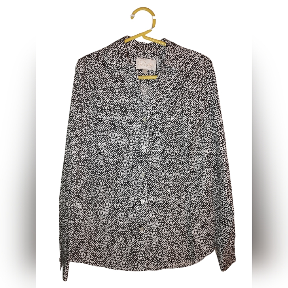 Pappagallo Britten Black/White Women's Long Sleeve Collar V-Neck Button Down-12